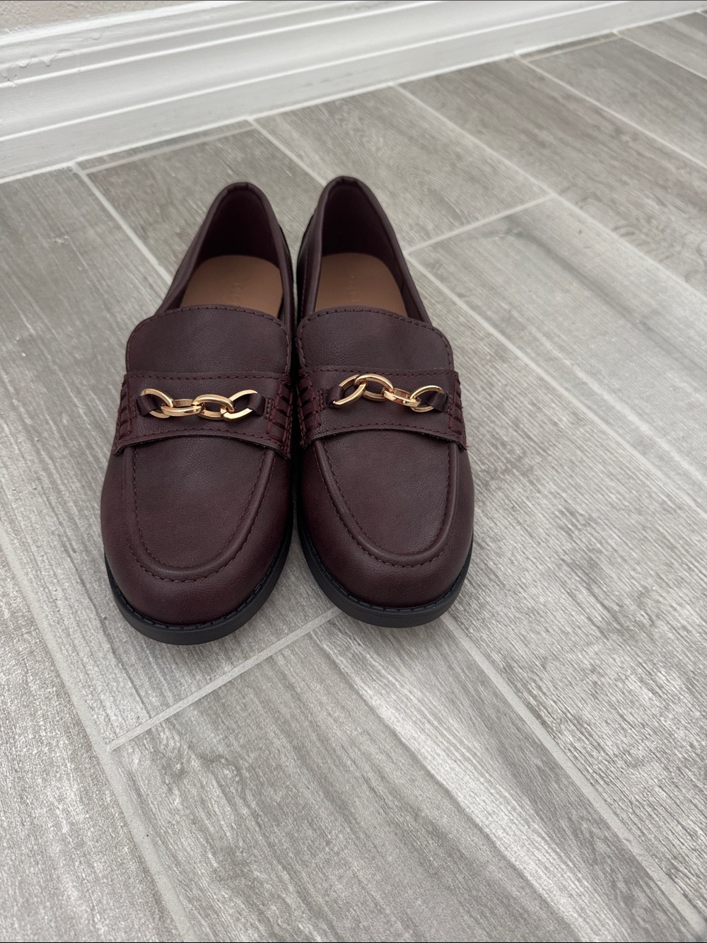 Old Navy Burgundy Faux Leather Loafers with Gold Chain Accent